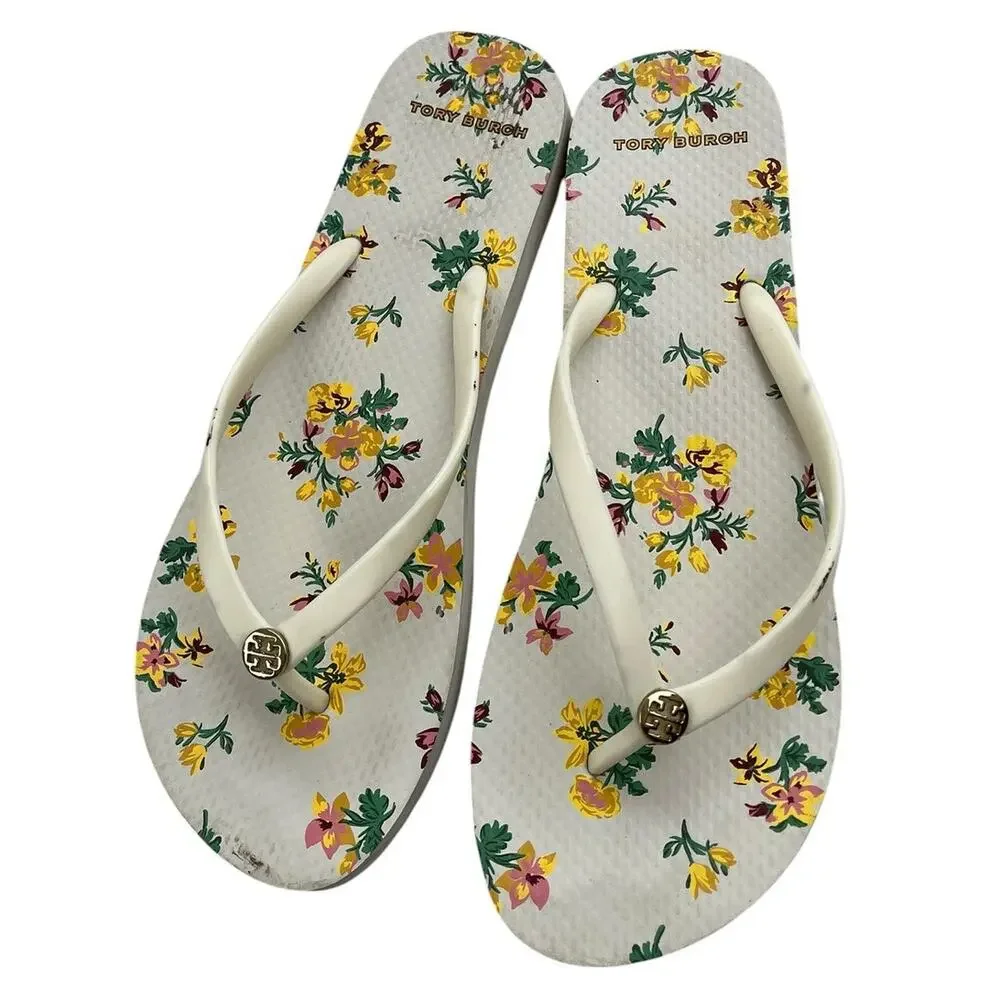 Womens Tory Burch Rubber Flip Flop Sandal 11M White Floral Beach Casual Outdoor